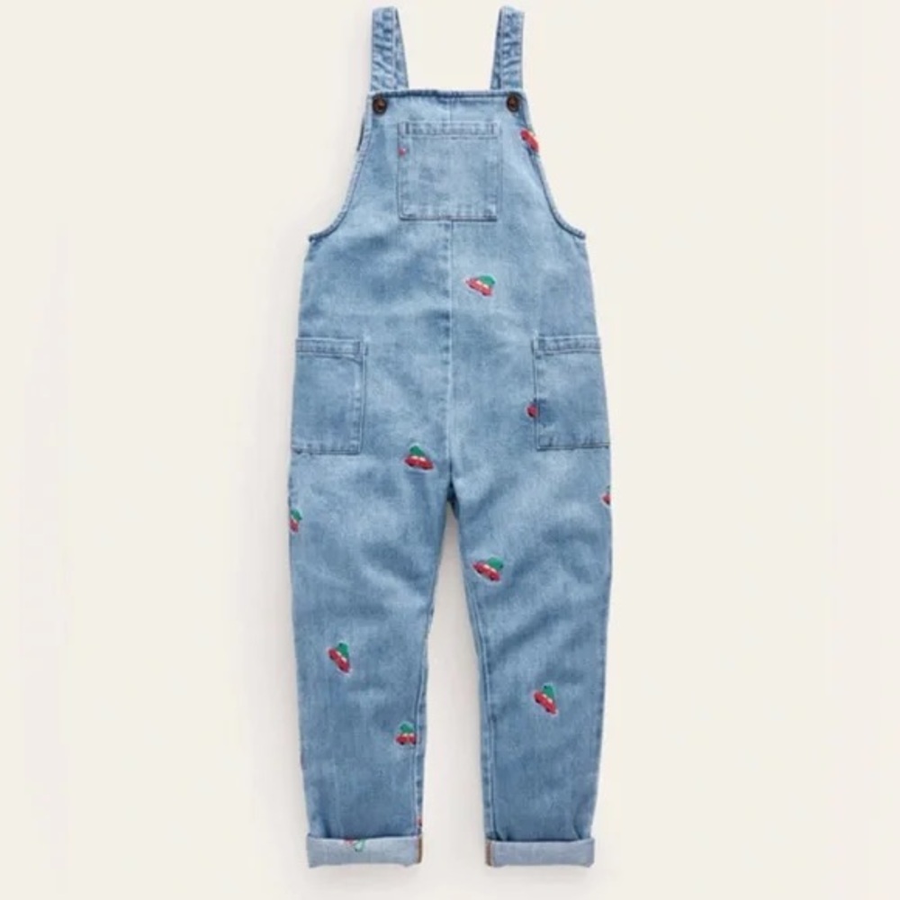 Mini Boden Embroidered Red Festive Truck Denim Overalls
